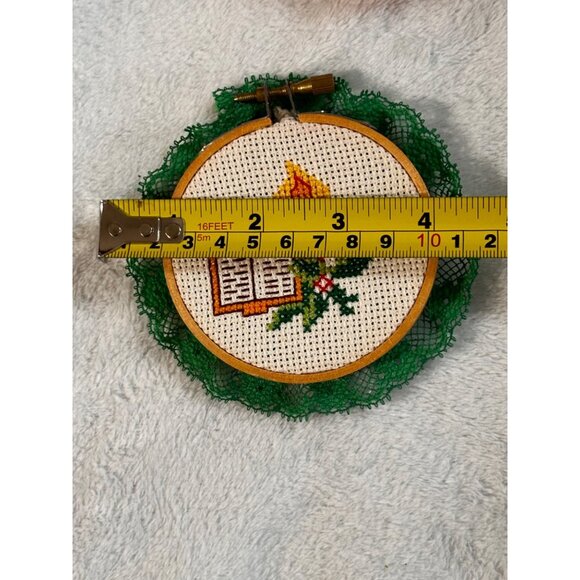 7 Christmas-Themed Cross Stitch Ornaments Lace Trim & Hanging Ribbons Handmade - Picture 14 of 16